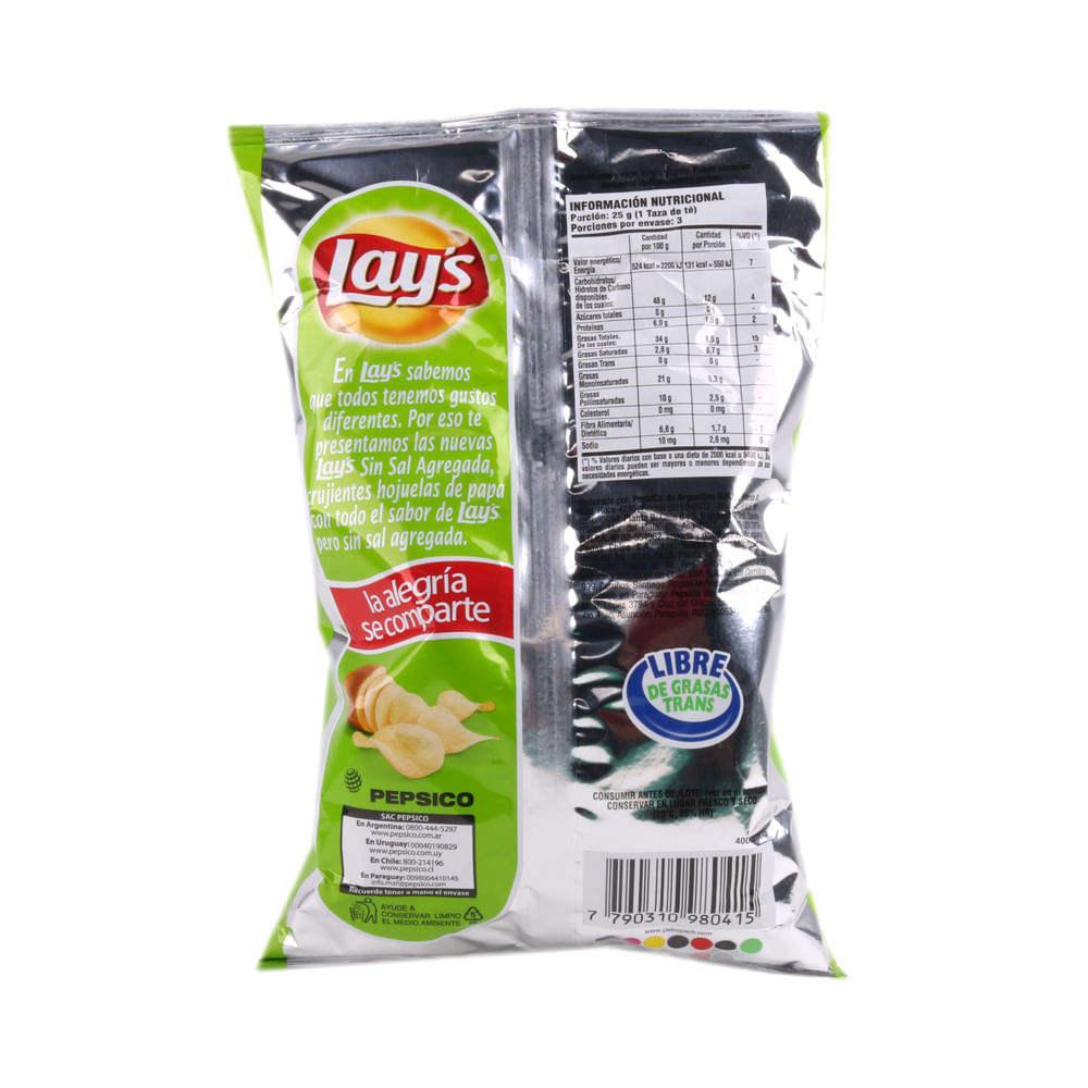 Papas Fritas Lays Sin Sal Agregada 75 Gr Jumbo