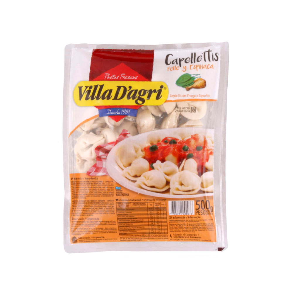 Cappelletti de Pollo y Espinaca Frescas 500 Grs Villa D´agri