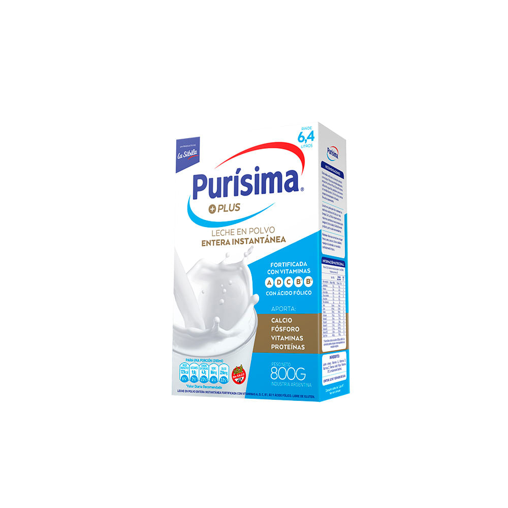 Leche en Polvo Entera Instantánea Plus 800 Grs Purisima