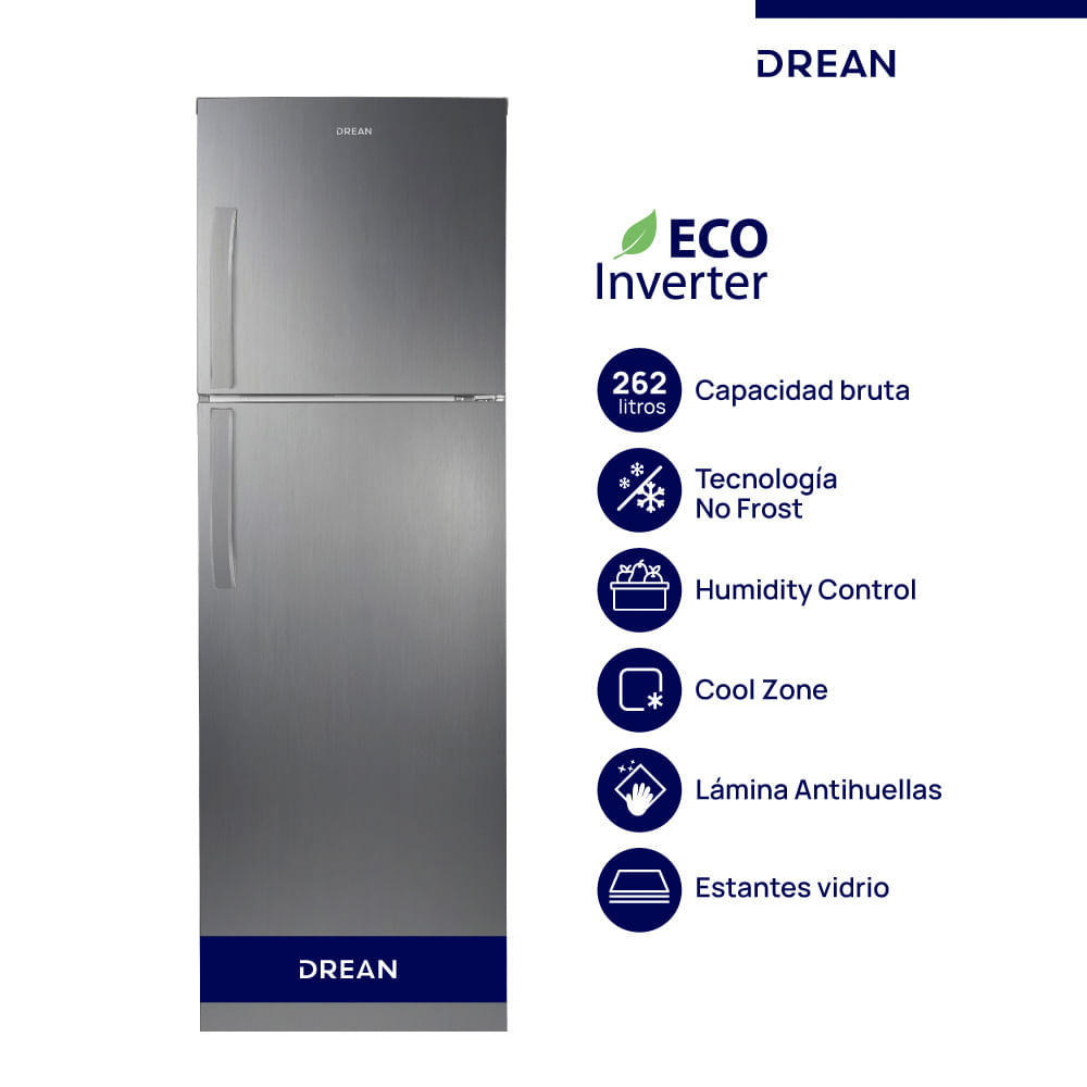 Heladera Drean 262l Rzn262fxarx0 No Frost Inverter Acero Inoxidable