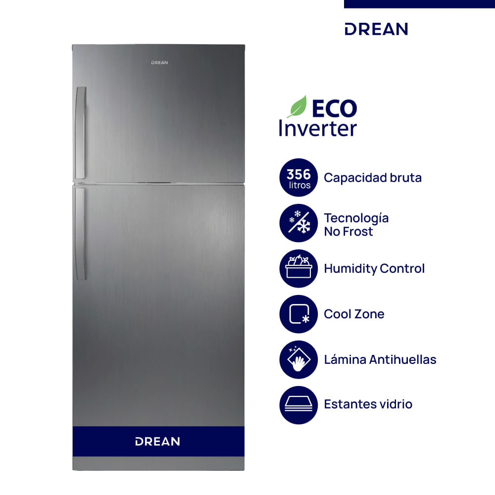 Heladera Drean 356 L Rzn356fxarx0 No Frost Inverter Acero Gris