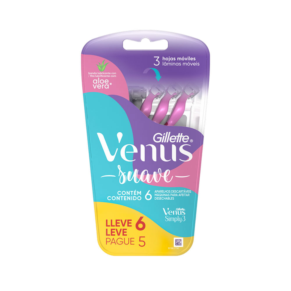 Máquina de Afeitar Venus Simply 3 con Aloe Vera x 6 Un Gillette